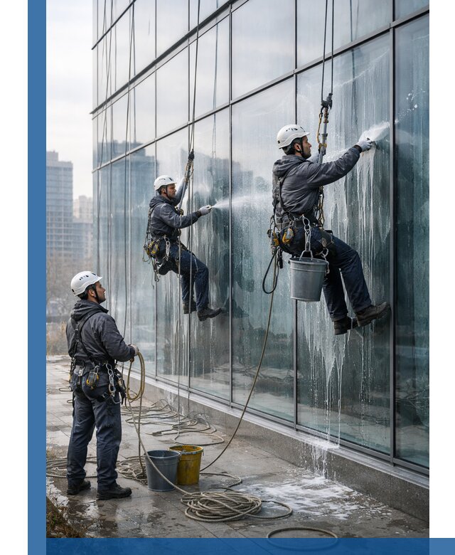 Промышленная мойка панорамных окон на высоте в Кимовске