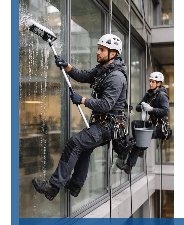 Профессиональная мойка витражей промышленными альпинистами в Кимовске