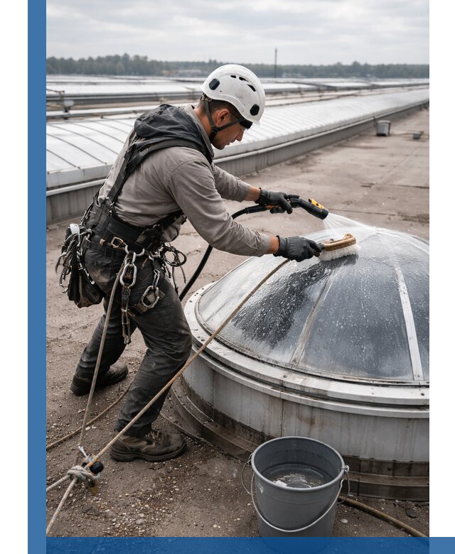 Мойка зенитных фонарей на кровле для промышленных объектов в Кимовске