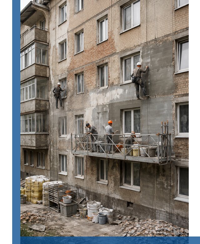 Капитальный ремонт фасада в Кимовске с восстановлением и гидроизоляцией