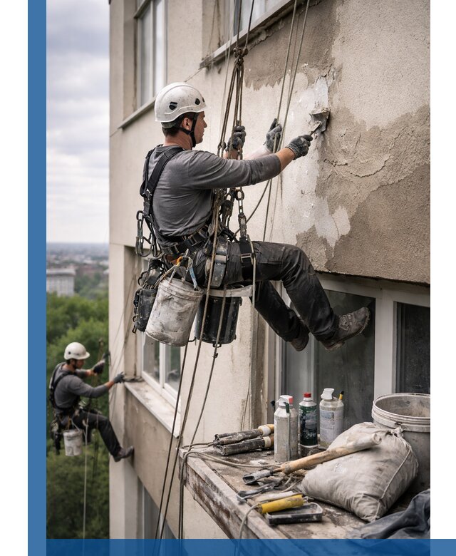 Косметический ремонт фасада зданий в Кимовске промышленными альпинистами