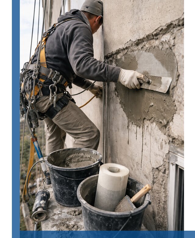 Ремонт бетонных элементов фасада промышленными альпинистами в Кимовске