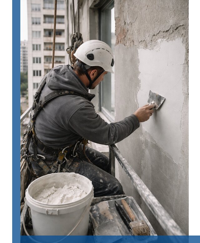 Шпаклевка фасадов на высоте с промальпинистами в Кимовске