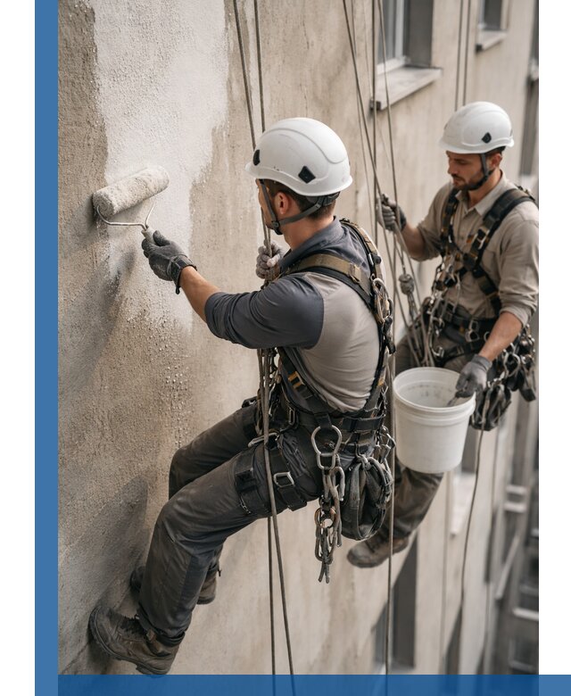 Грунтовка фасада на высоте в Кимовске промышленными альпинистами