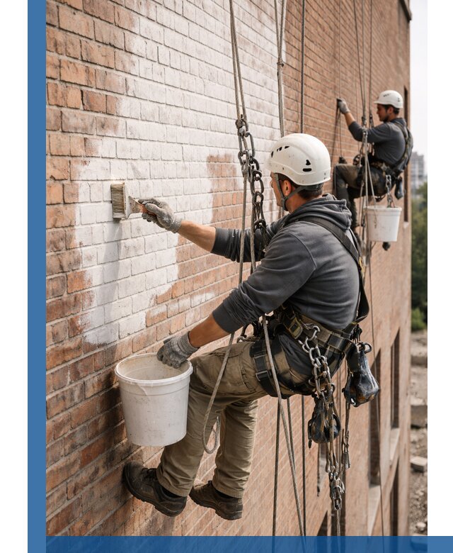 Покраска кирпичного фасада с доступным альпинистским сервисом в Кимовске