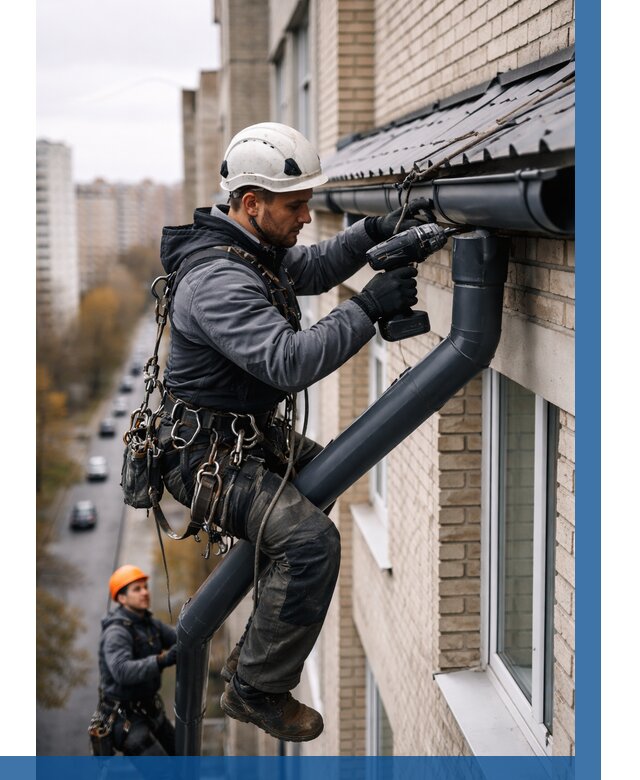 Монтаж водосточной системы на здании в Кимовске от 5154 р. | ВЫСОТНИК-Кмв