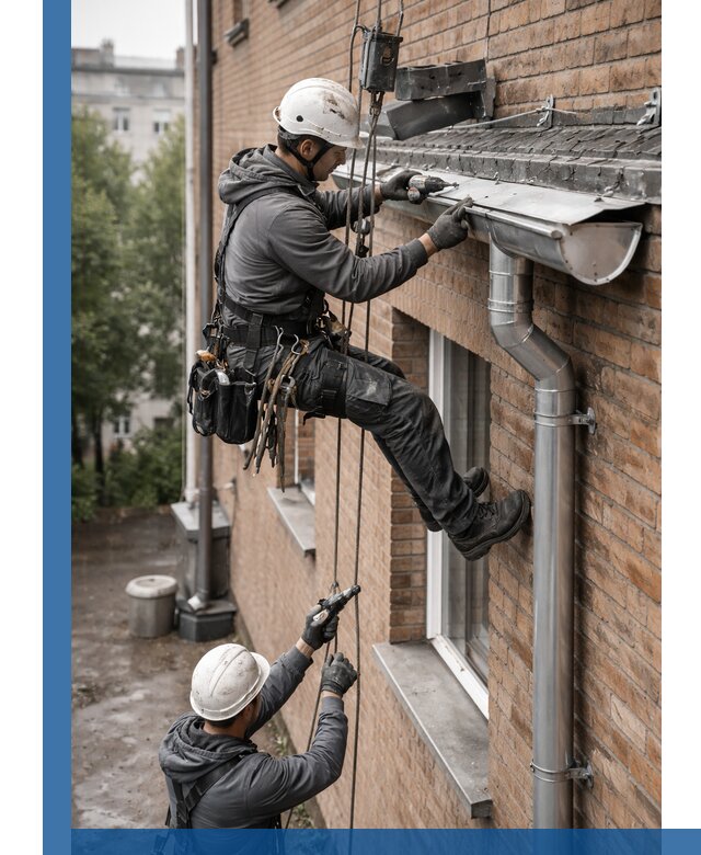 Монтаж водосточной системы на здании в Кимовске под ключ