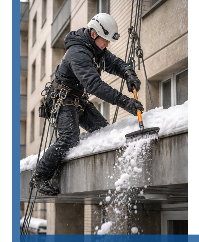 Очистка козырьков от снега в Кимовске круглогодично безопасно