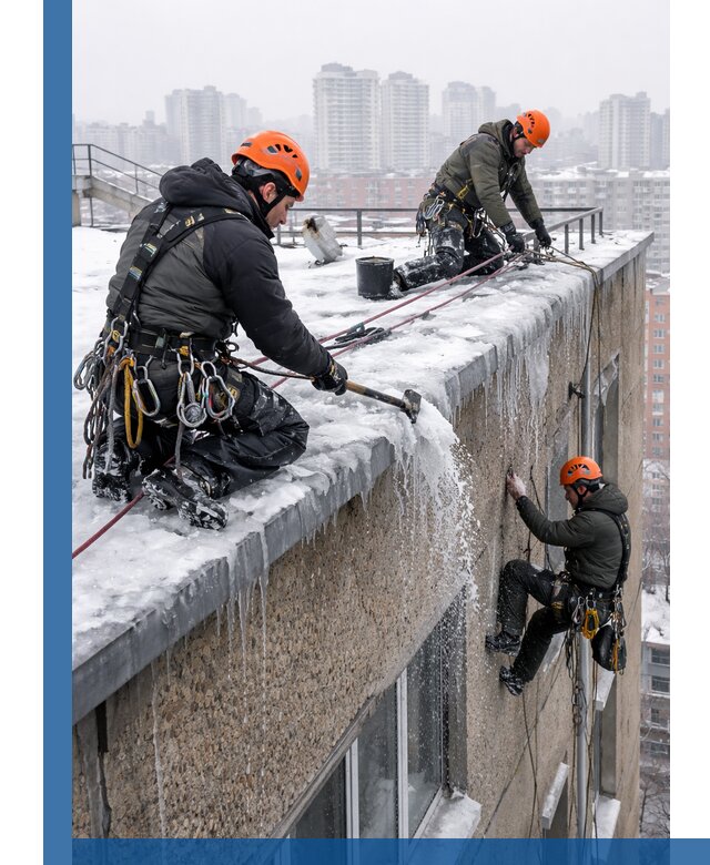 Удаление наледи с кровли в Кимовске промышленными альпинистами