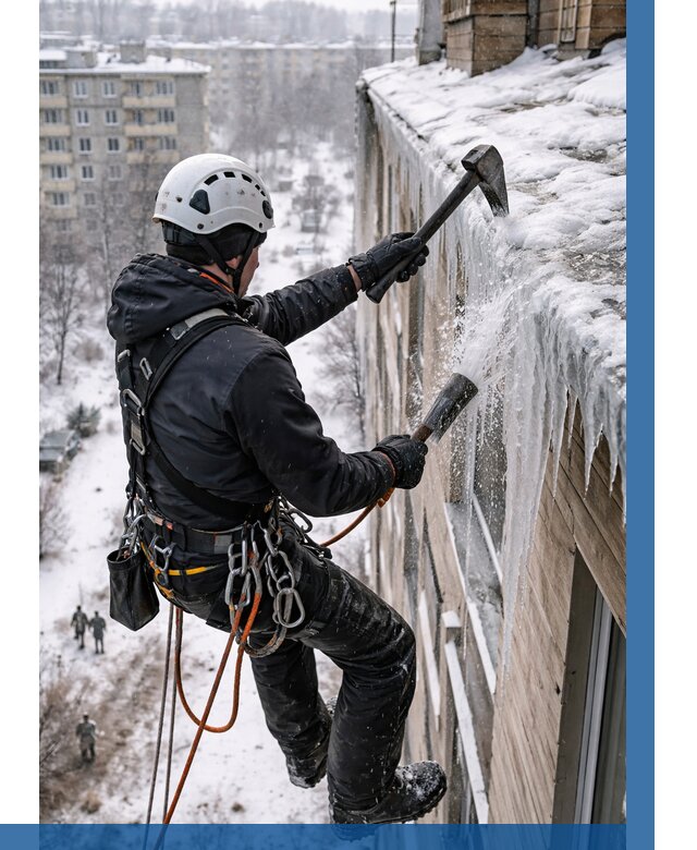 Сбивание сосулек с крыши в Кимовске по цене от 4639 р. | ВЫСОТНИК-Кмв