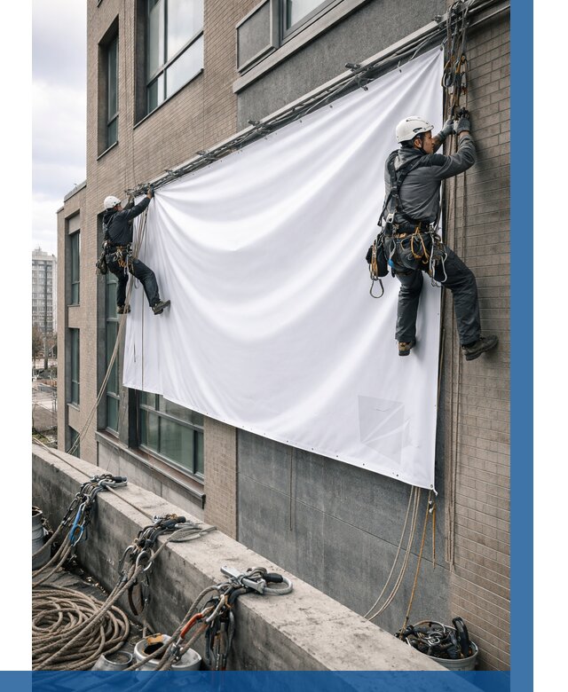 Монтаж баннеров на фасаде в Кимовске от 670 р. заказать ВЫСОТНИК-Кмв