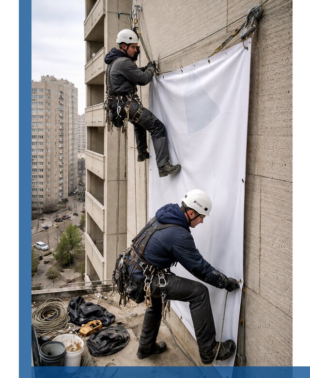 Профессиональный монтаж баннеров на фасаде в Кимовске