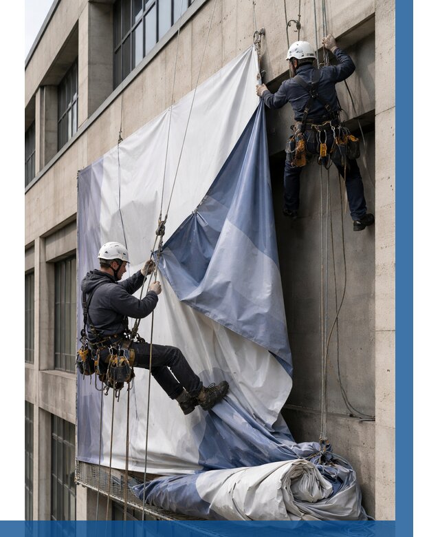 Демонтаж баннеров с фасада в Кимовске от 4639 р. | ВЫСОТНИК-Кмв