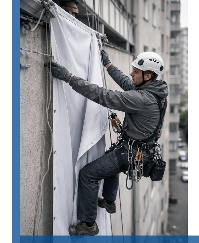 Замена баннерного полотна промышленными альпинистами в Кимовске