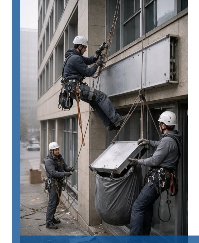 Демонтаж рекламной вывески с высотными работами в Кимовске