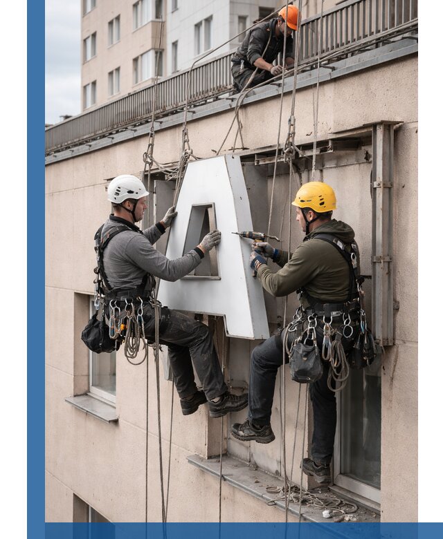 Ремонт и восстановление наружных вывесок на высоте в Кимовске