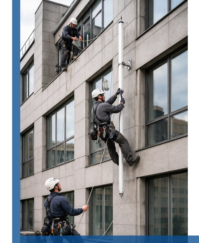 Монтаж флагштока на фасаде здания с креплением и герметикой в Кимовске