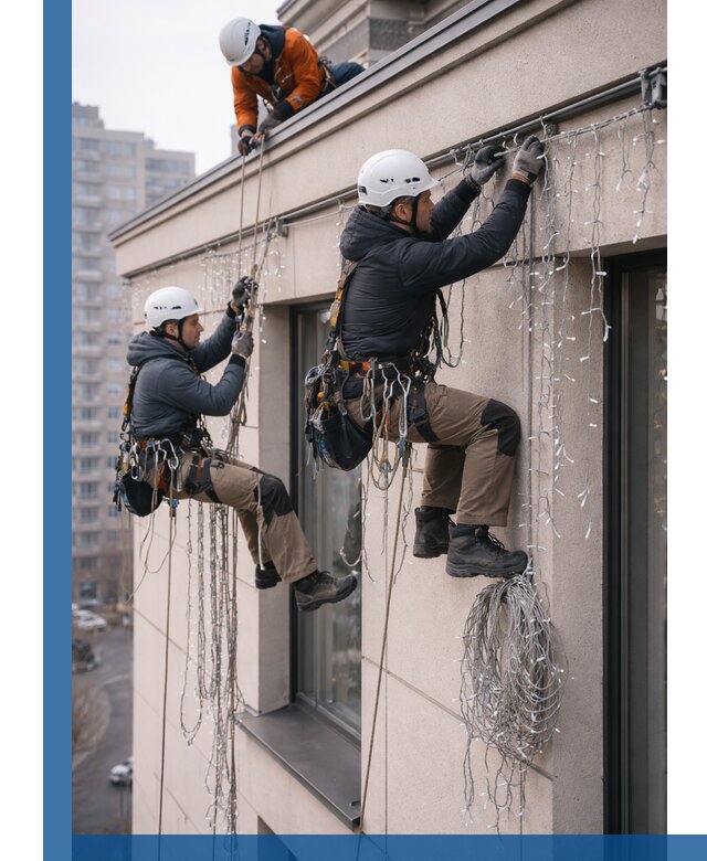 Монтаж праздничных гирлянд на фасаде в Кимовске для зданий