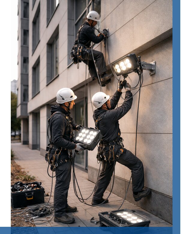 Монтаж прожекторов на фасаде в Кимовске от 7731 р. | ВЫСОТНИК-Кмв