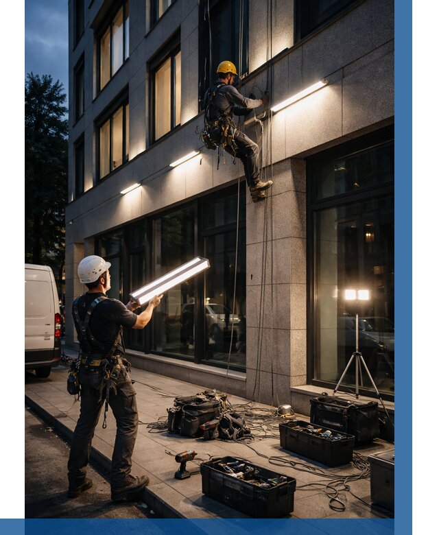 Монтаж архитектурной подсветки здания в Кимовске от 2577 р.|ВЫСОТНИК-Кмв