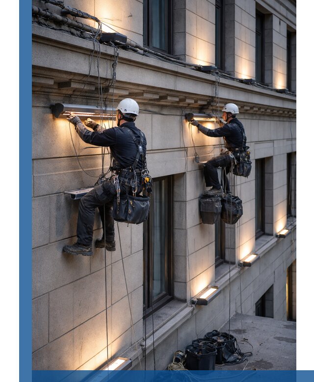 Монтаж архитектурной подсветки фасадов зданий в Кимовске