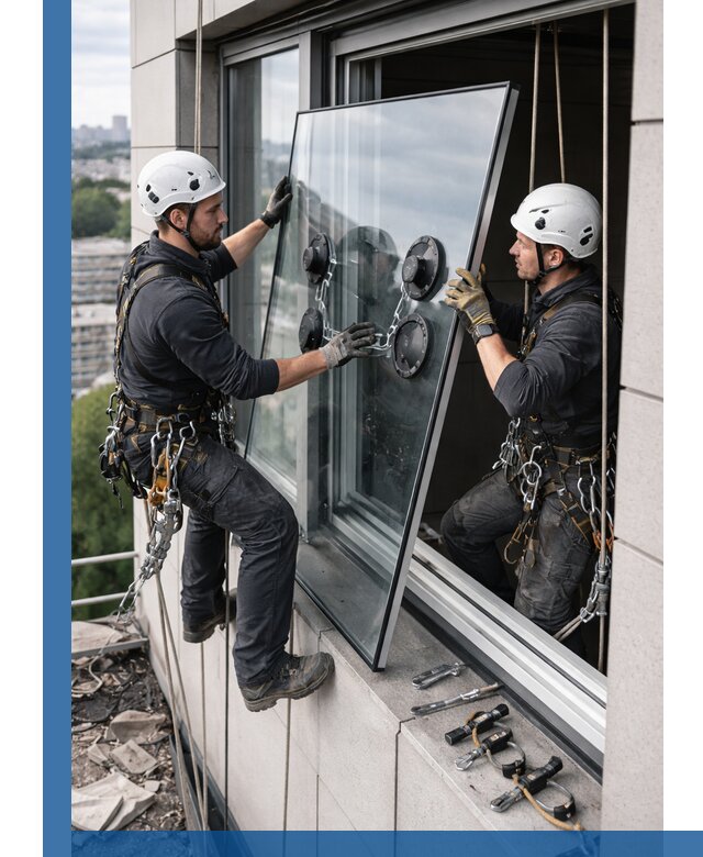 Замена стеклопакетов на высоте с промышленными альпинистами в Кимовске