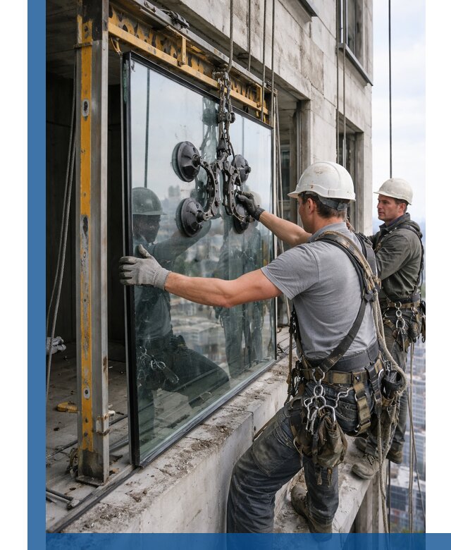 Монтаж стеклопакетов на высоте в Кимовске с промышленным альпинизмом