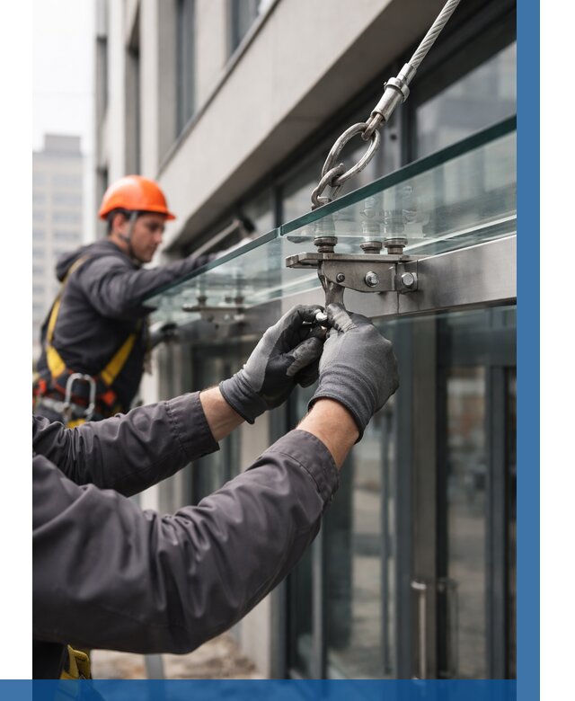 Монтаж стеклянных козырьков в Кимовске от 8762 р. | ВЫСОТНИК-Кмв