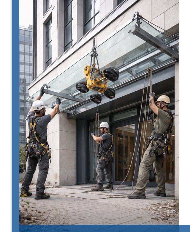 Монтаж стеклянных козырьков под ключ в Кимовске для зданий