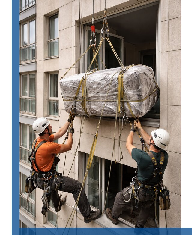 Подъем грузов через окно в Кимовске промышленными альпинистами