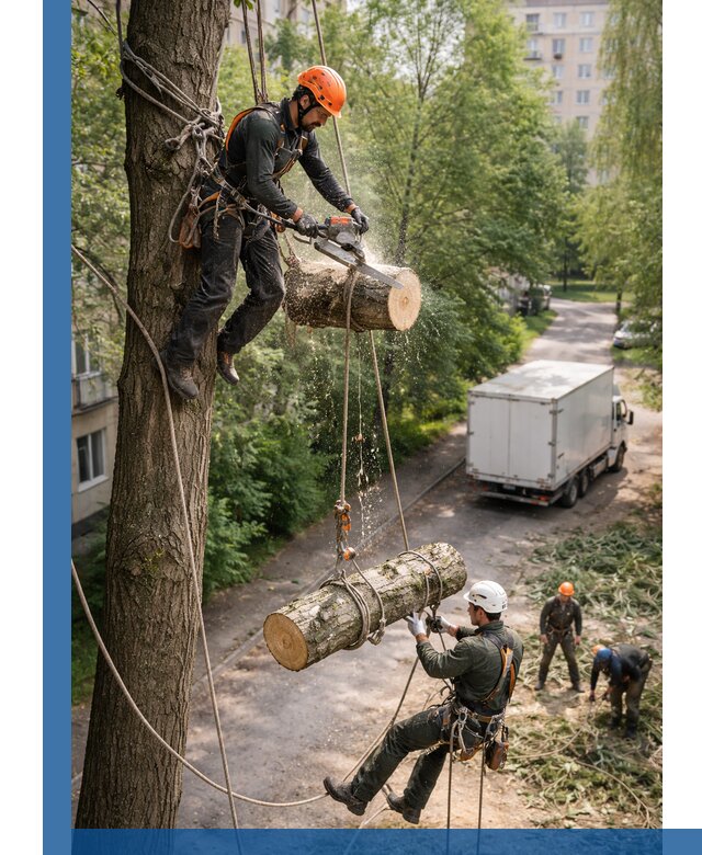 Спил деревьев альпинистами в Кимовске, безопасно и без повреждений