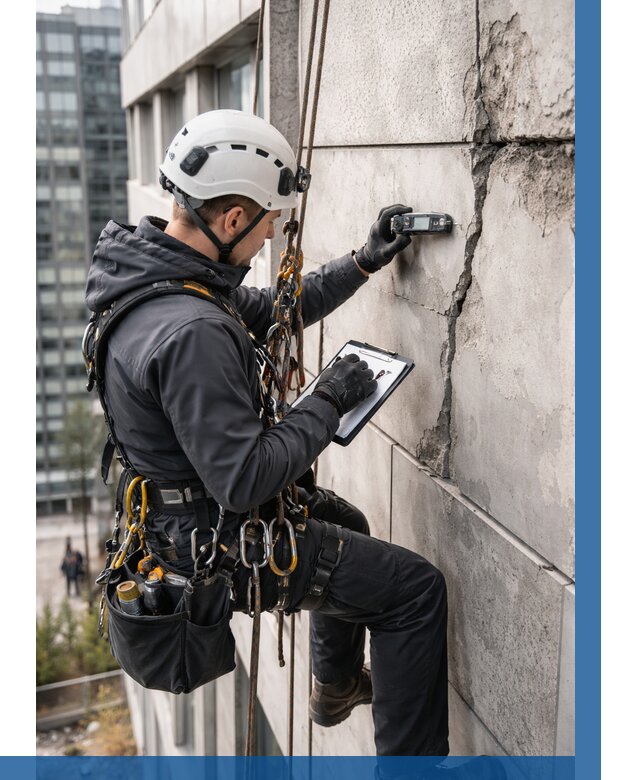 Обследование фасада альпинистами в Кимовске от 124 р. | ВЫСОТНИК-Кмв