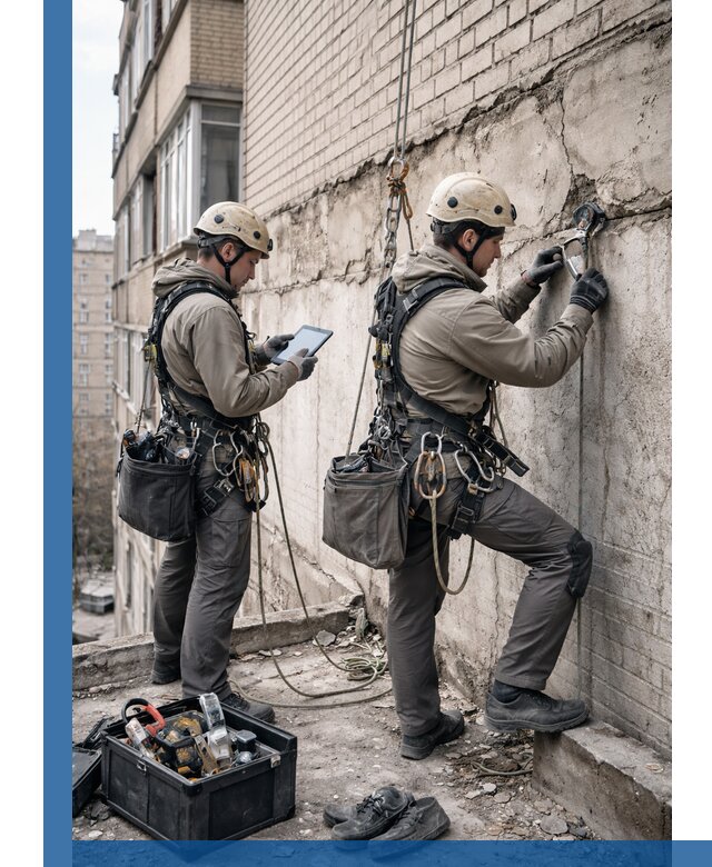 Обследование фасада промышленными альпинистами в Кимовске